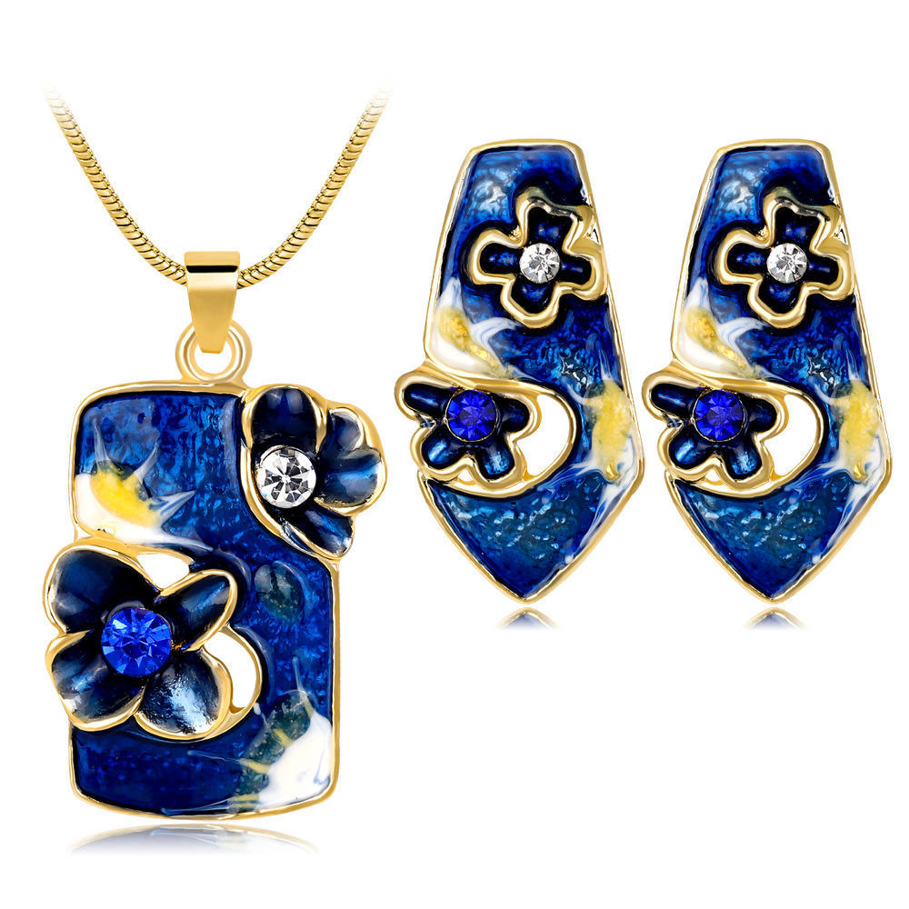 Gold Plated Crystal Geometry Jewelry Set Colored Oil Painting Pattern Pendant Necklace & Earrings