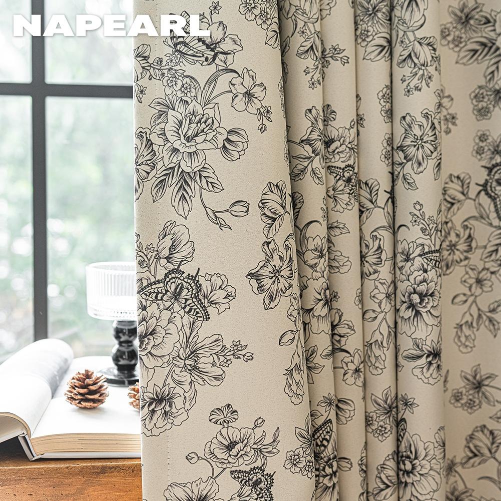 1PC NAPEARL French Retro Sketch Flower Curtain with  Aesthetic Blackout Window Treatments for Bedroom Living Room Home Decor