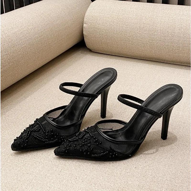 Luxury Brand High Heels Women Sandals Mesh Embroider Elegant Pointed Ladies Slingback Designer Party Wedding Bridal Dress Shoes
