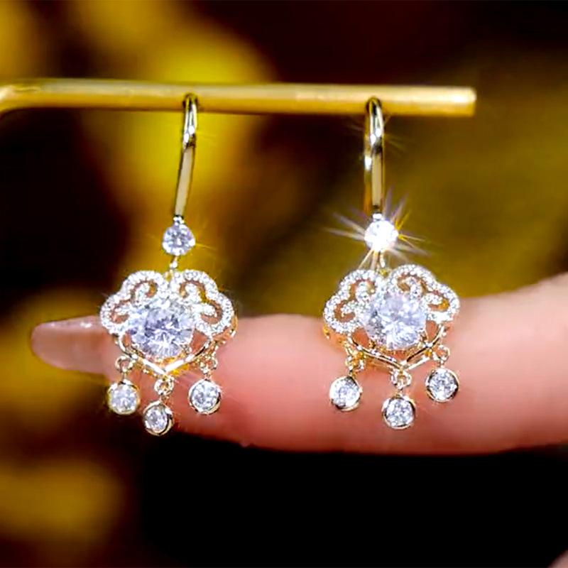 Lucky lock zircon fringed ear hook light luxury high-end earrings fashionable exquisite personalized earrings women