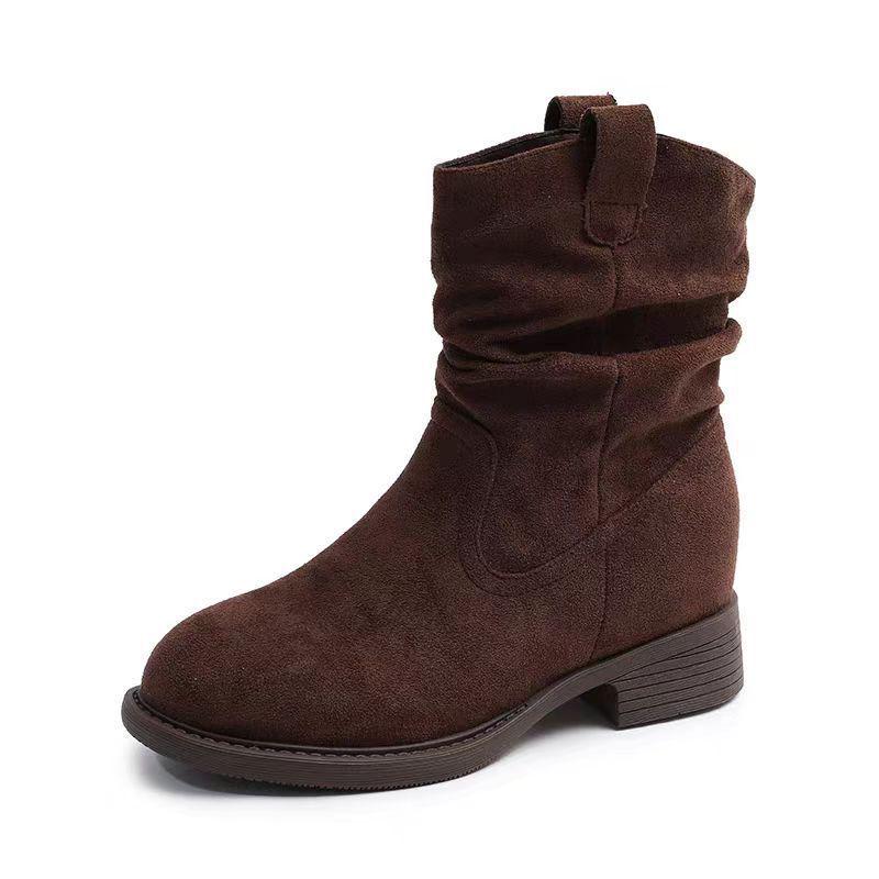 

Soft Leather Chunky Heel Suede Western Boots - Autumn Winter High Heel Retro Ruched Ankle Boots 37