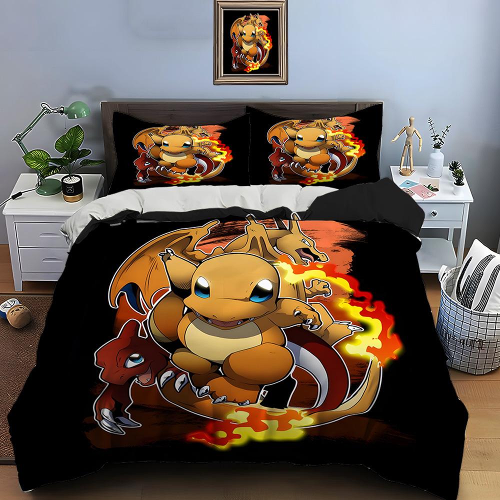 10 Sizes Pokémon Charizard Print Bedding Set 3 Pieces Setting Bed King Size Pillowcase Adult Bed Cover Bedroom Bed Set for Gifts