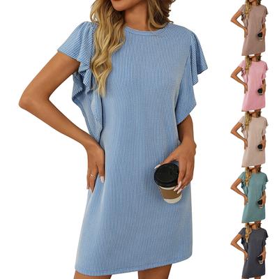 Moda feminina solta torcida listra babados manga cor sólida vestidos casuais