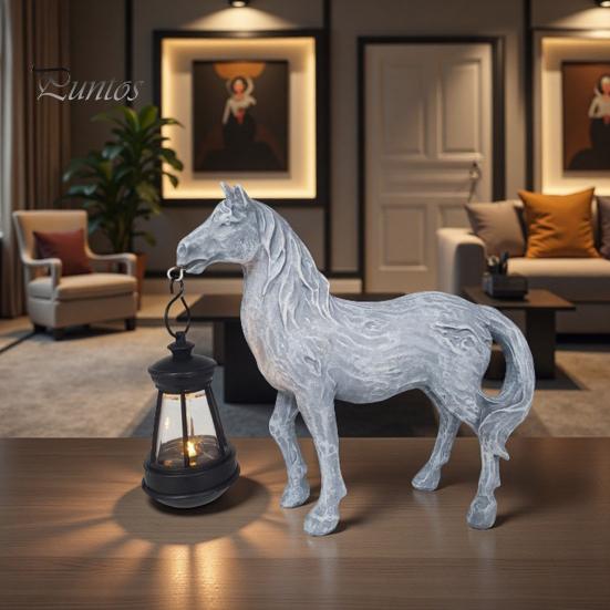 Patio Resin Decoration Solar Garden Horse Figurine Sculpture with Lantern Animal Desktop Retro Statue for Farmhouse Home Indoor Outdoor Decor Yard Art