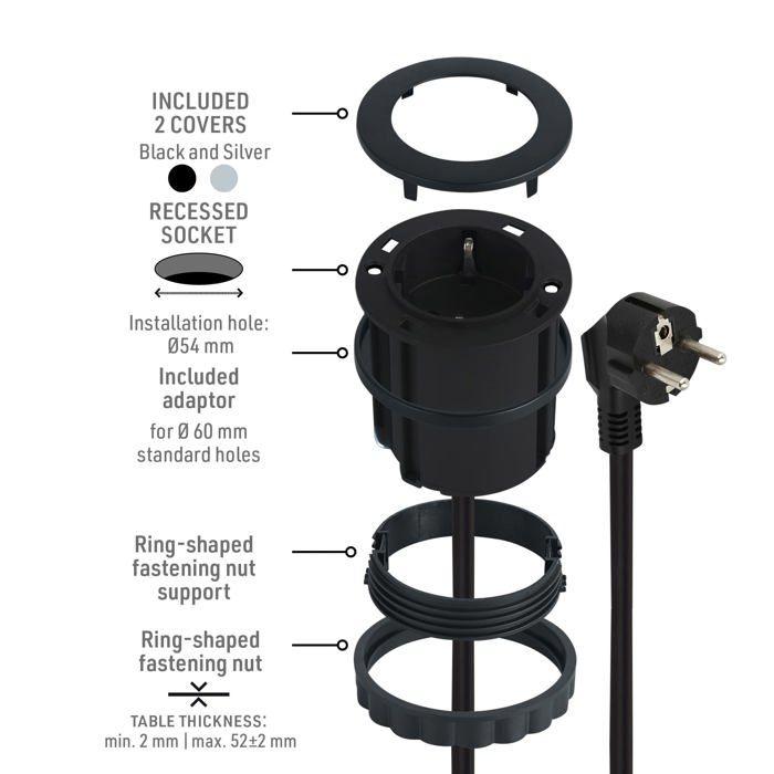 Multiprise - Electraline - 62564 - Schuko - 2 M - 16 A - Rectangulaire