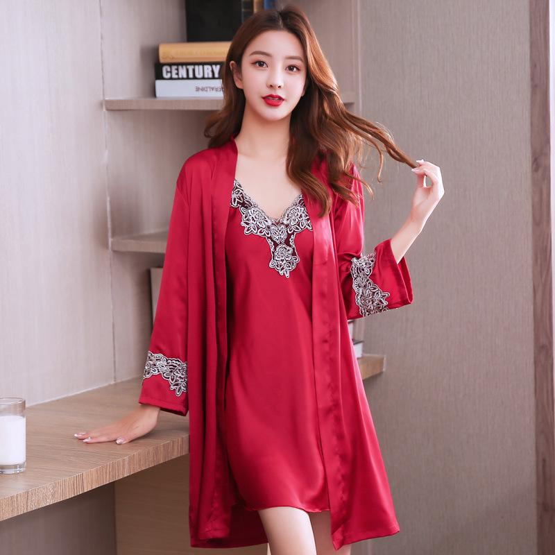 2024 Spring/Summer Women's Silk Pajama Set: Sexy Camisole & Thin Ice Silk Nightgown with Korean Style Robe