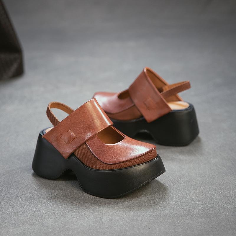 Johnature Sandale Retro cu Vârf Rotund și Talpă Groasă Versatile din Piele Naturală cu Toc Gros Pantofi cu Platformă pentru Femei