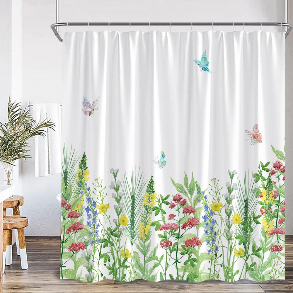 Floral Print Shower Curtains Watercolor Wildflowers Green Leaves Birds Butterfly Bathroom Decorations Polyester Bath Curtains
