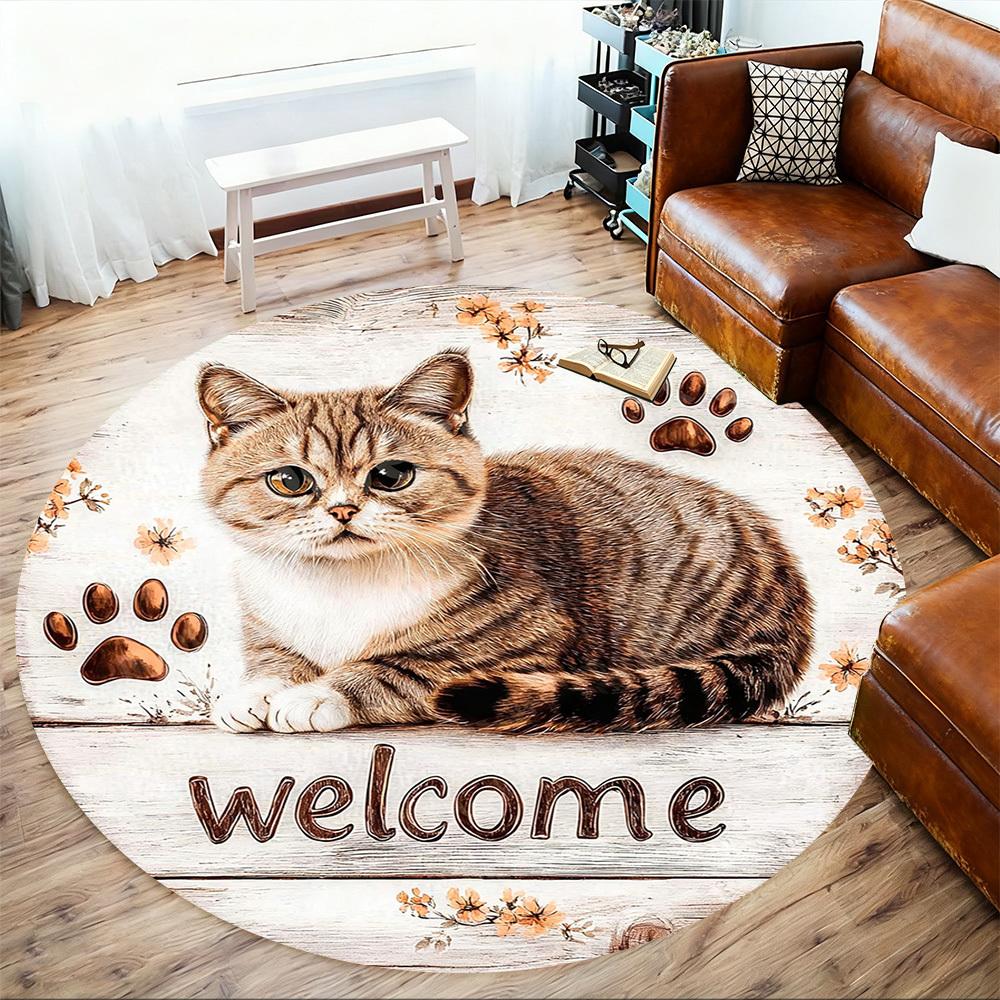 1PC cat welcome Office Round Area Rug, Under Office Chairs Bedroom Living Room Home Decor, Carpet for Office -1110111