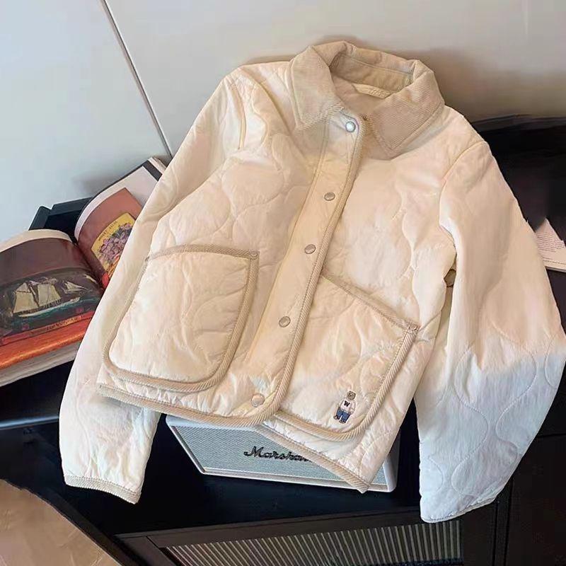 

Вышитое пальто в корейском стиле с мишкой, стеганое ромбами, на хлопковой подкладке, женская осенне-зимняя стеганая куртка-пэчворк с лацканами S