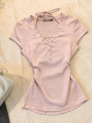 Retro Y2K Light Blue Striped Tie-Up Halter Camisole