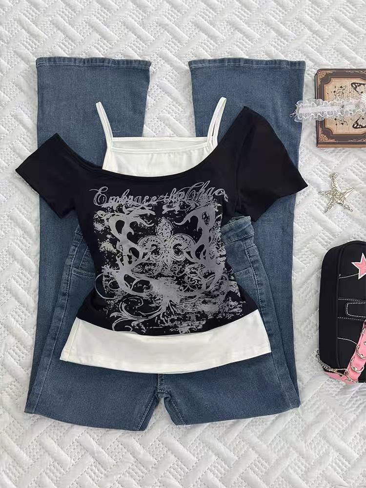 Y2K Millennial Spicy Girl Amerikanisches Retro Off-Shoulder Bedrucktes T-Shirt - Damen Sommer Kurzarm Top