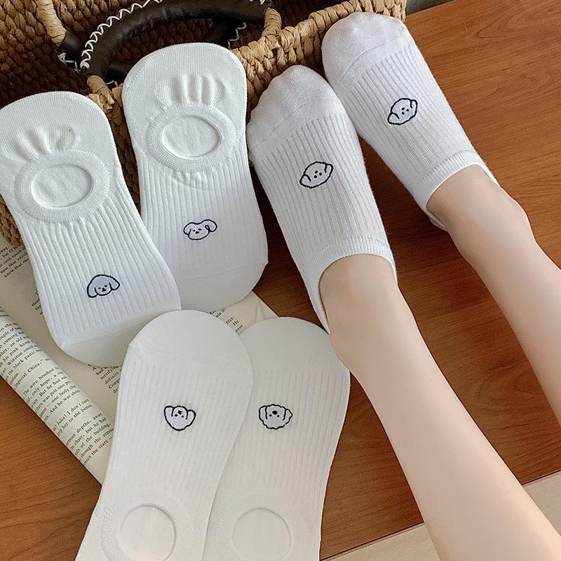 Cartoon Embroidered Puppy Socks for Women, Summer Thin, Shallow Boat Socks, Silicone Anti-slip, No Heel Drop, Boneless Invisible Socks