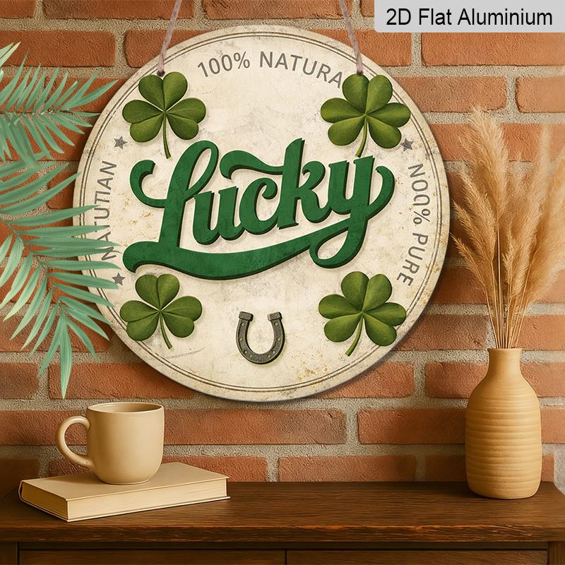 2D Flat - 1pc Round Sign, Vintage Aluminum Plaque with "Lucky Four Leaf Clover Horseshoe", "Lucky Charm Good Luck Blessing" Decorative Sign, Suitable