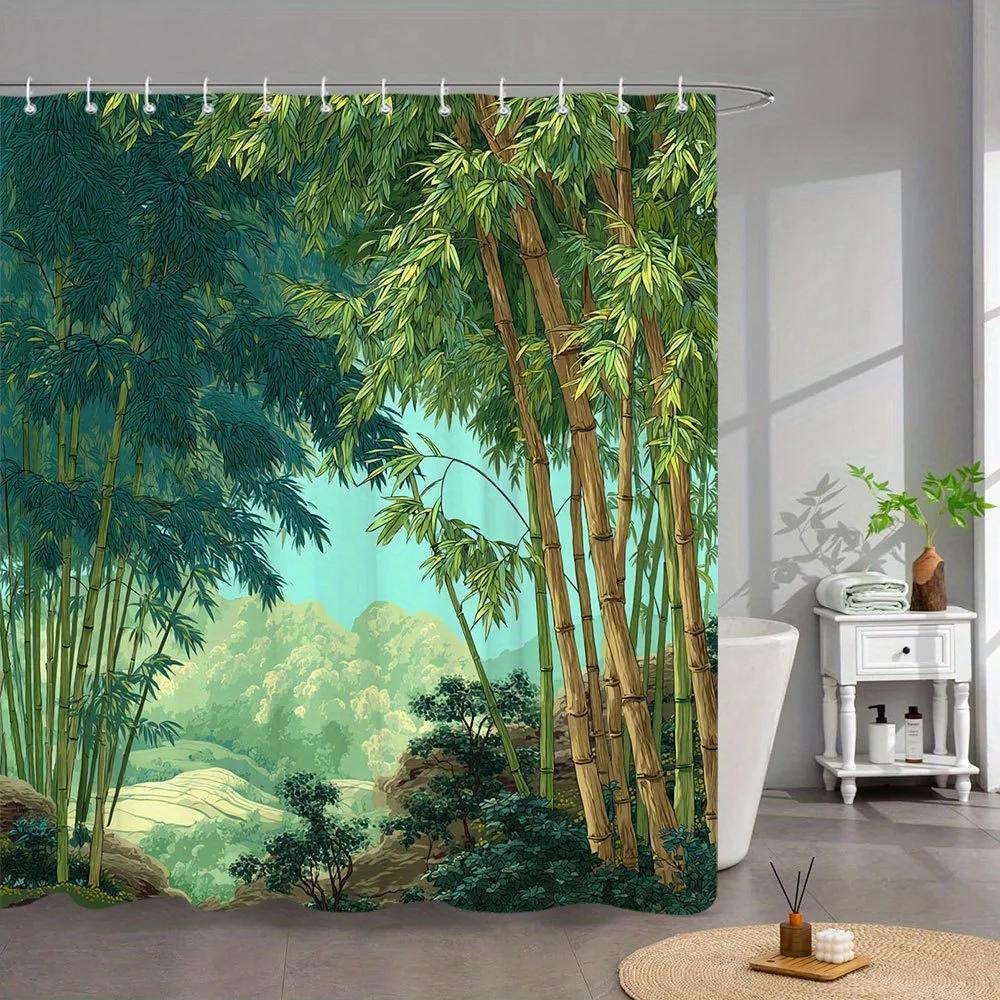 1Pc Bamboo Forest Bath Curtain - Serene Landscape With Tall Slender Stalks, Lush Green Foliage & Rolling Hills, Realistic Styliz