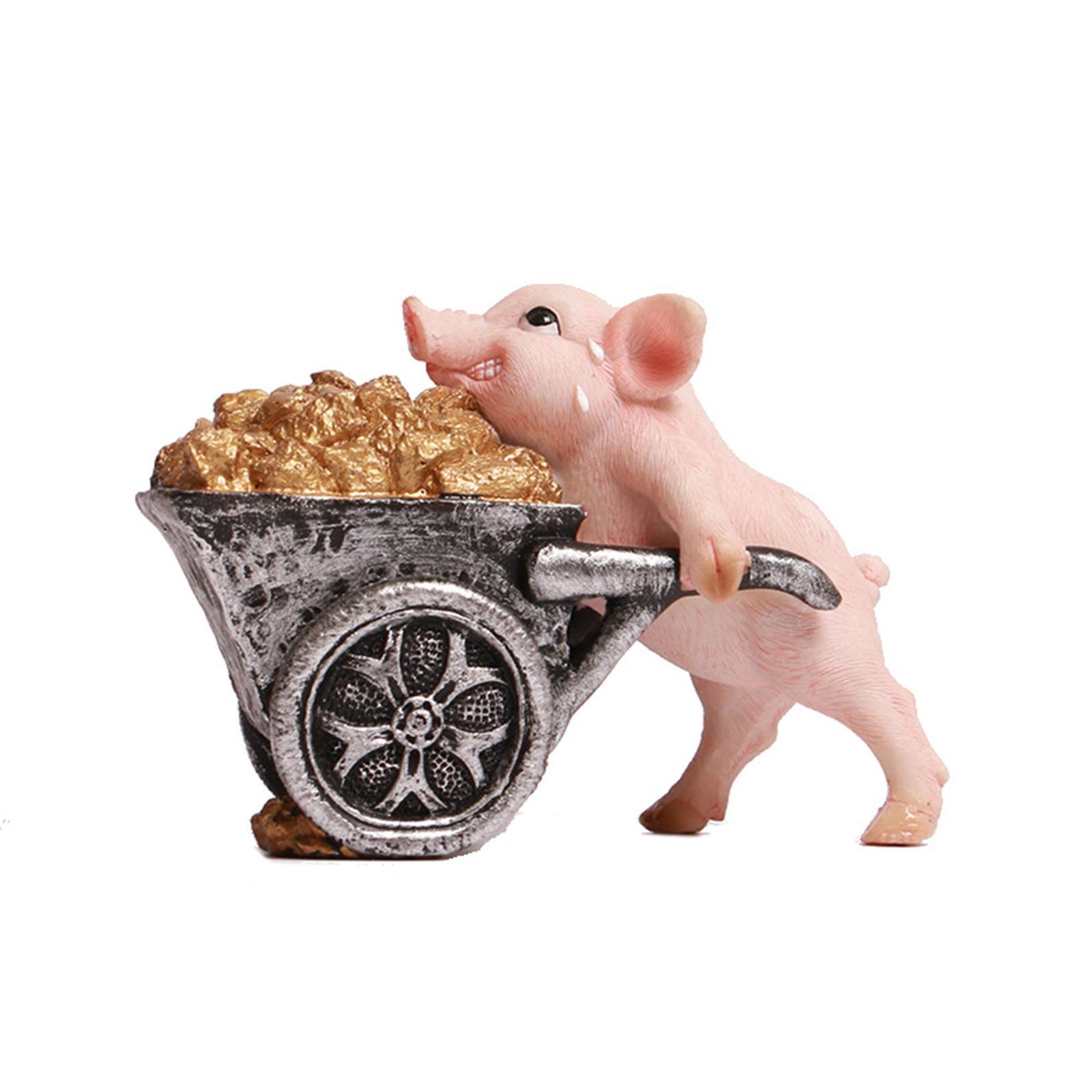 

Handcrafts Piggy Animal Resins Figurine Miniature Ornament Funny Moving Cart Mining Pig Sculpture for Table Decoration 1