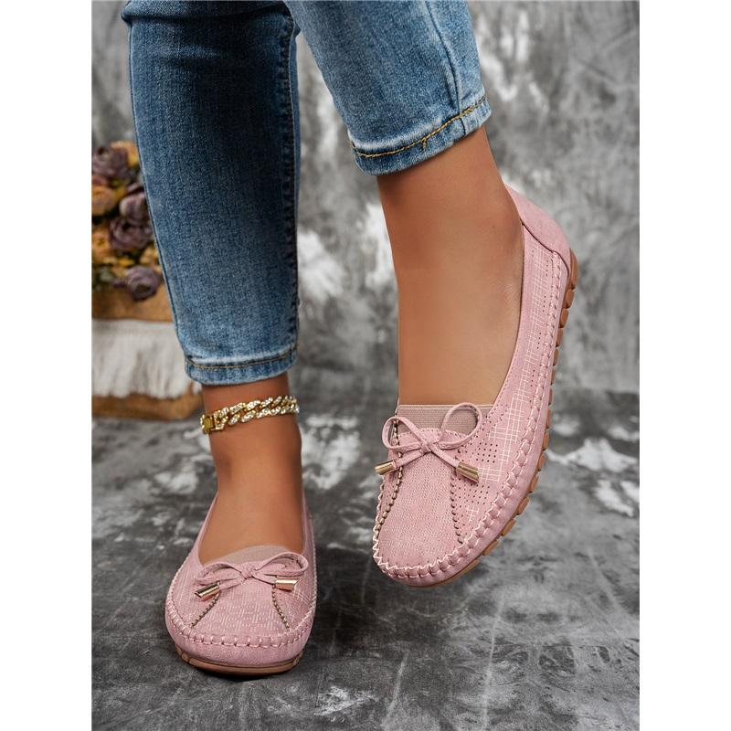 Women Bow Decor Flat Loafers Round Toe Slip‑On Shoes Soft PU Casual Moccasins Comfortable Lightweight Walking Shoes For Daily Office Wear