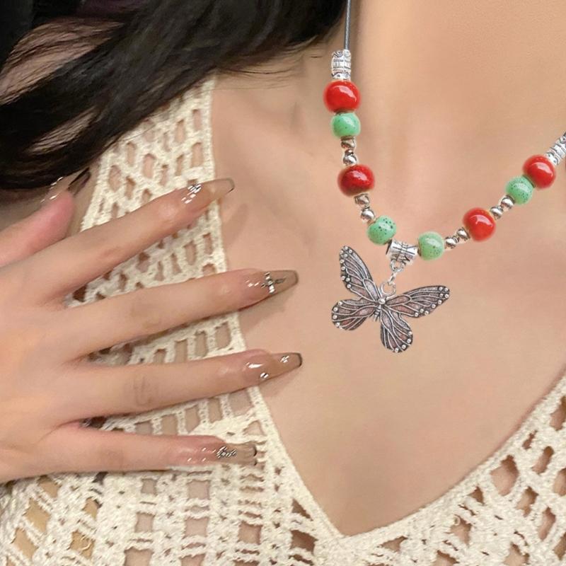 Color Beads Pendant Necklace Sweet Butterflies Clavicle Chain Female Summer Adjustable Rope Necklace Sweater Chain