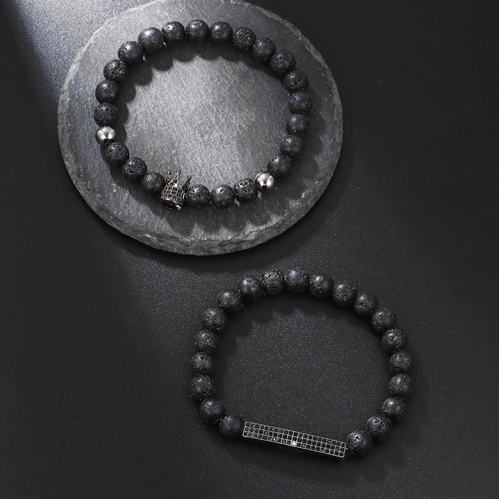 European and American new simple matte black bead volcanic stone crown black zircon bracelet set 1 elastic Buddha bead bracelet