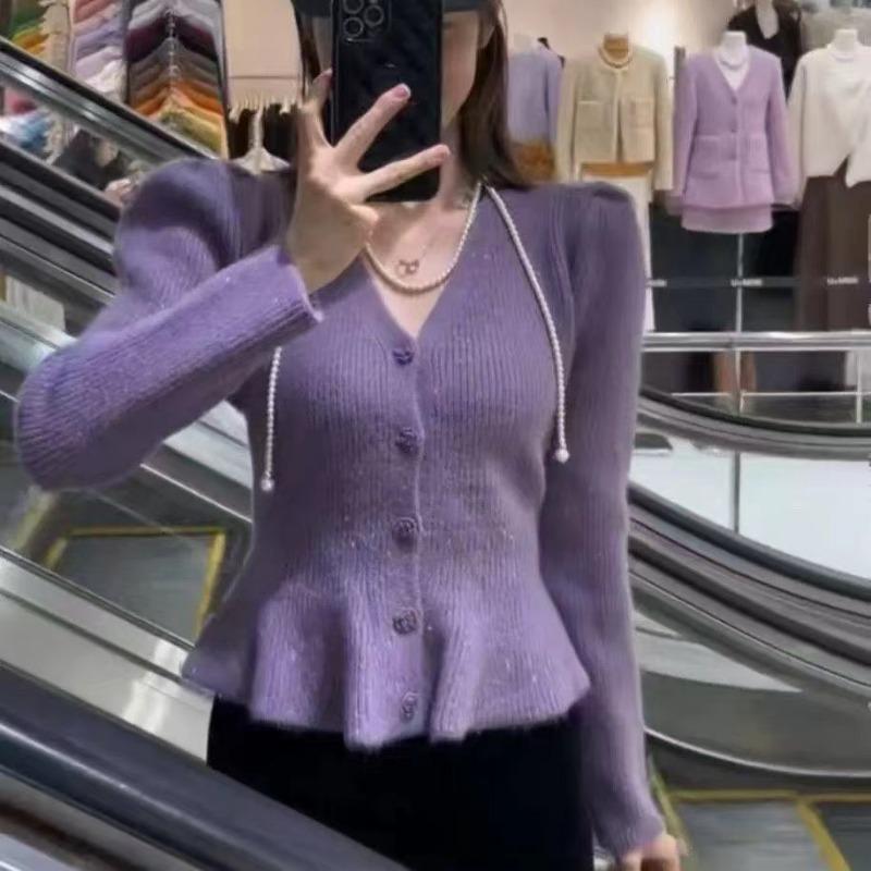 

Autumn and winter new ruffle edge knitted cardigan women s versatile outer with bright silk sweater short slim jacket One size фиолетовый