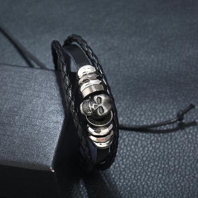 Pulseira de caveira de aço inoxidável, cabeça de fantasma, pulseira de couro masculina, pulseira trançada, feita à mão, multicamadas, couro genuíno