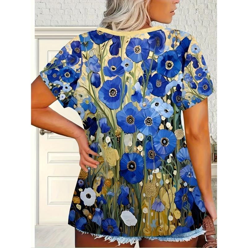 

Comfortable and elegant style painting flower element printing pattern women s round neck plus size short sleeved T-shirt 8XL