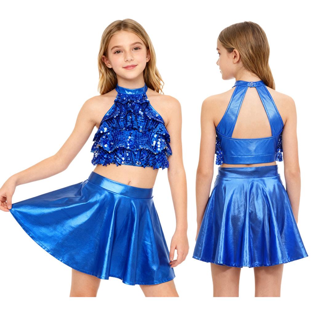 Kids Girls Stage Performance Set: Shiny Sequin Tiered Backless Crop Top & Metallic Ruffled Skirt for Dance Shows