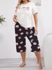 Summer Love Print Pajama Set: Short Sleeve Top & Seven-Point Pants, Plus Size