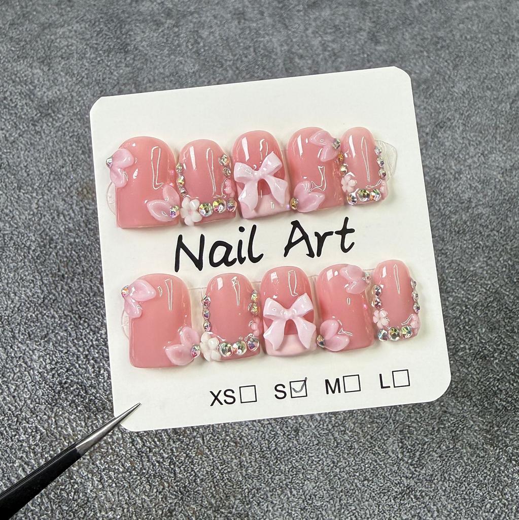 10pcs Nude Pink Handmade Press On Nails Short Square Bow Flower Diamond French Tip Fake Nails