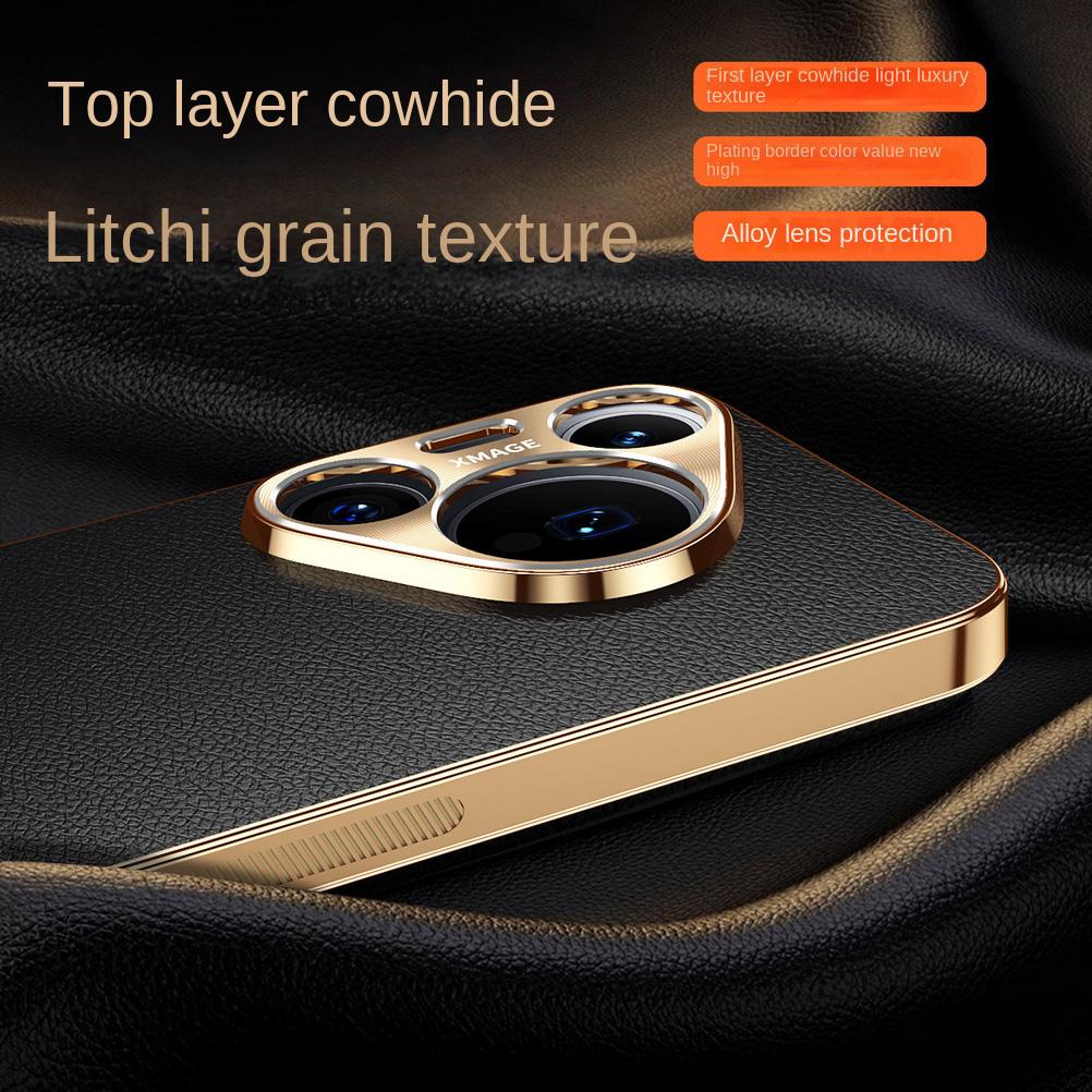 First Layer of Cowhide Lychee Texture Electroplated Frame Case For Huawei Pura 80 Ultra 70 Pro P60 P50 Mate 70 Pro + 60 50 Cover
