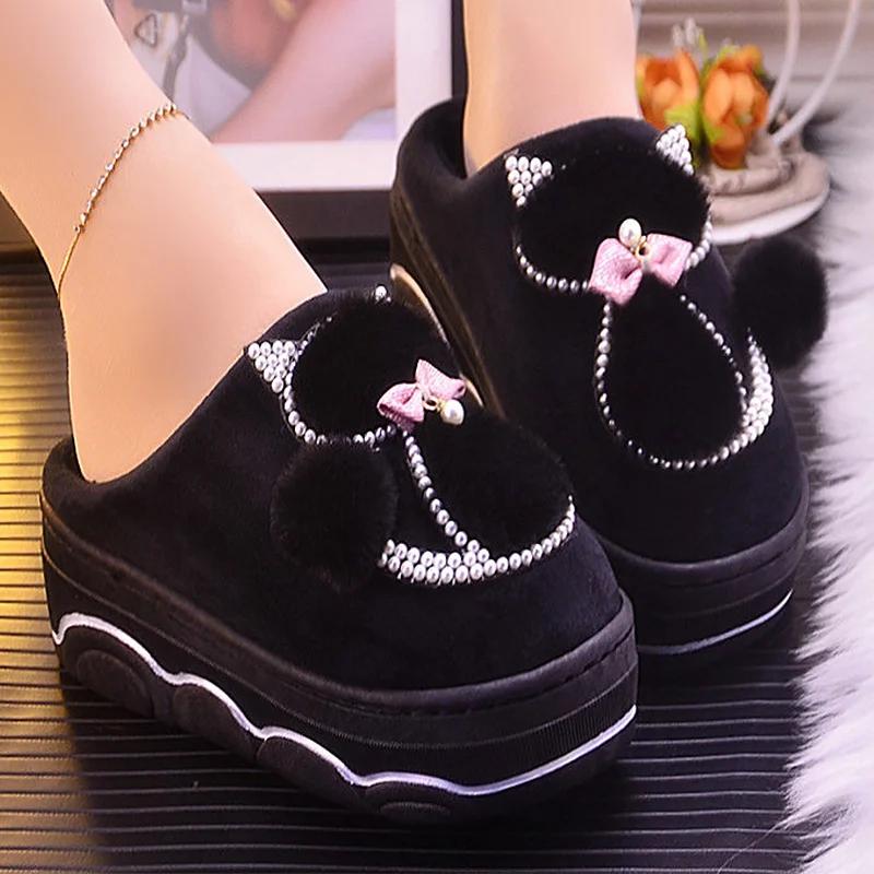 Fashion Girls Winter cotton slippers plush indoor rhinestone ladies shoes 2025 stylish new arrival women platform slippers