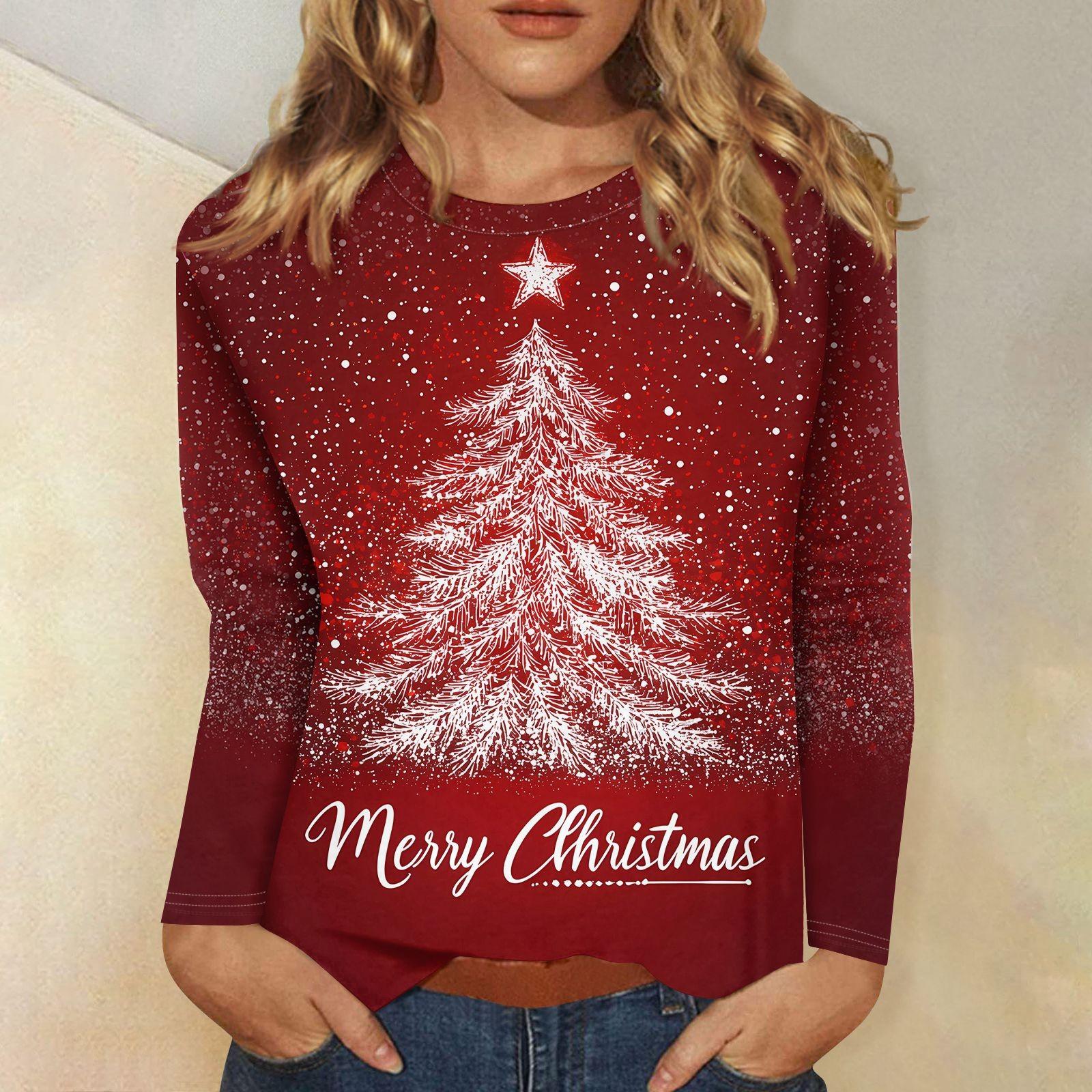 

Женская мода повседневный рождественский принт круглый вырез длинный рукав пуловер топ S винный