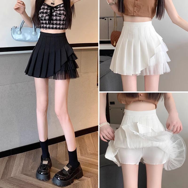 White Short Skirt for Women Summer Fashion Patchwork Tulle Skirt High Waisted Slimming A Line Casual All Match Versatile Pleated Skirt