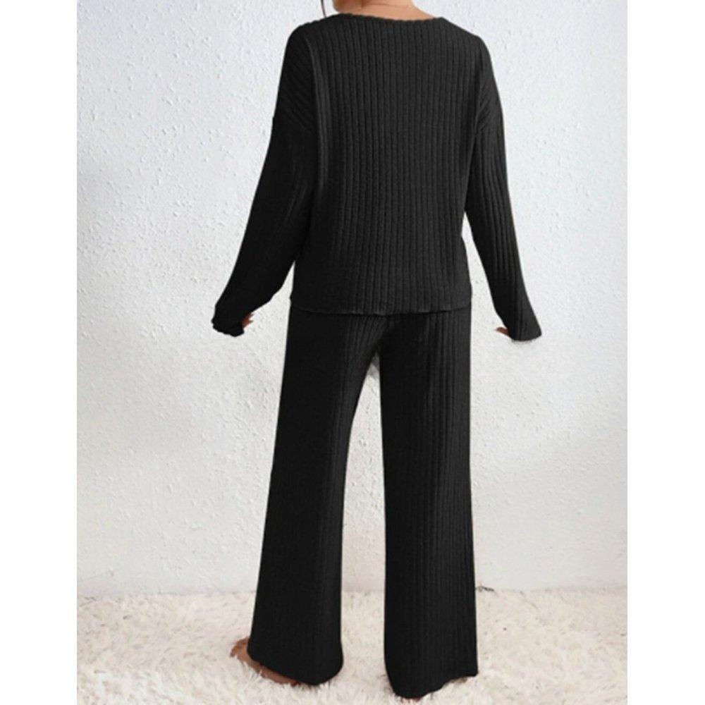 Women's Set of Loose Casual Long-sleeved V-neck Pit Striped Brushed Top and Trousers 2-piece Set
