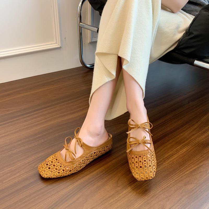 Fashion Fashion Inner Height Increase Baotou Half Slippers for Women  Summer Outside Wear New Hollow Sandals Bow Mary Jane Single Shoes