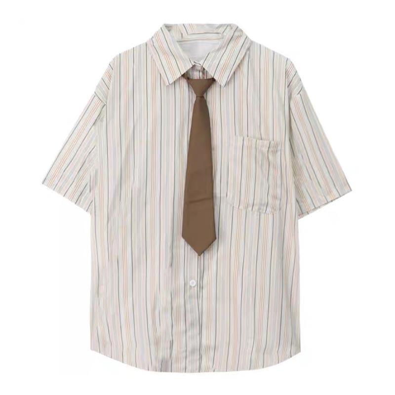 

Женская полосатая рубашка, повседневный мешковатый кардиган, рубашки с коротким рукавом, топы, стиль преппи, винтаж, харадзюку, летняя одежда L