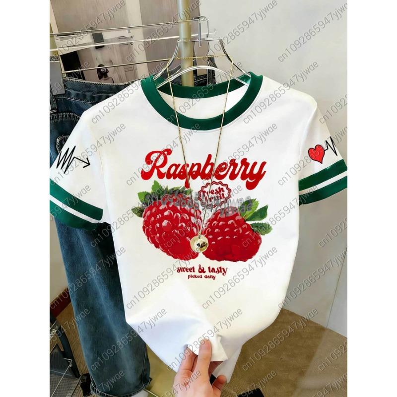 Womens Short Sleeve Color-Block Fresh Raspberry Print Y2k T Shirt Girl Round Neck Tee Outdoor Sports Adult Women's T-Shirt