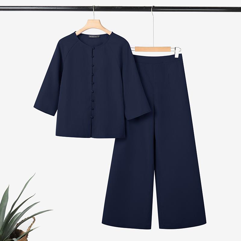 

ZANZEA Женская блузка с длинным рукавом и брюки повседневный комплект из двух частей 5XL тёмно-синий