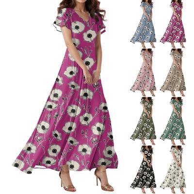 Women's Casual V-neck Short Sleeve High Waist Retro Flower Leaf Print Dress