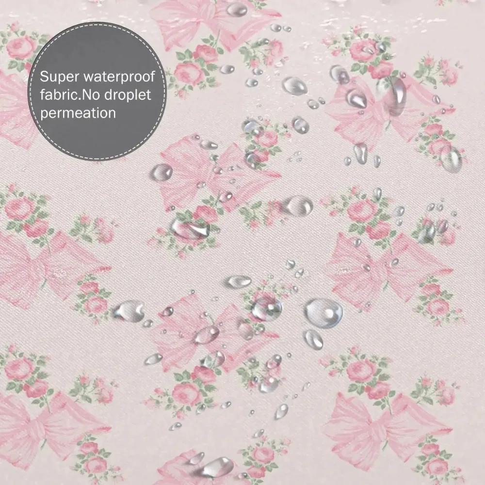 Pink Bow Floral Shower Curtain Polyester Waterproof Bath Curtain With Free Hooks Mildew Proof Bathroom Decoration