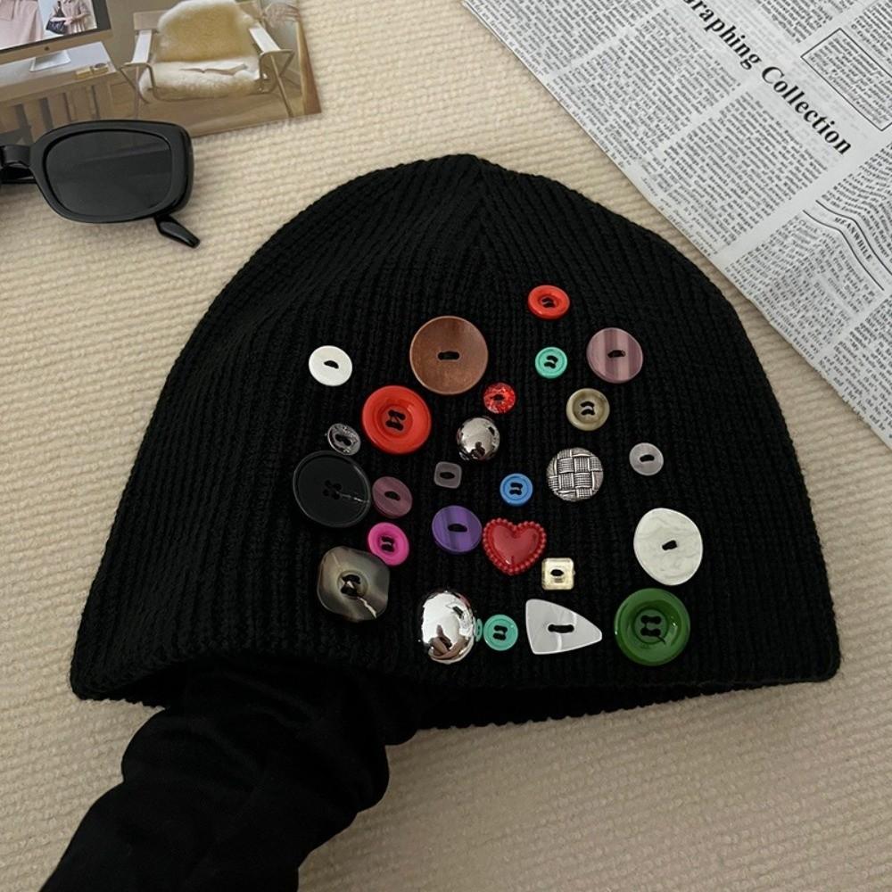 Colorful Button Beanie Hat Cuffed Personality Cold Cap Fashion Knitted Hat