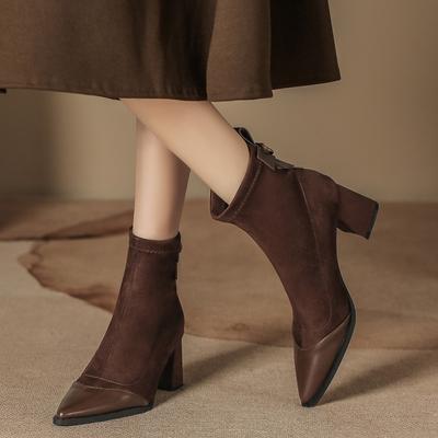 Autumn and Winter New Elastic Thin Boots Thick Heel Suede Splicing Short Boots Medium Tube Women's Black Thin Low Tube Boots Pointed