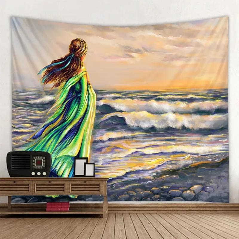 

Ретро картина маслом пляжный узор гобелен украшение стены дома гобелен спальня гостиная гобелен 100x75cm