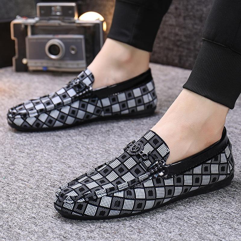 Spring and Summer New Doudou Shoes Men's Lazy One-pedal Plaid Men's Shoes Trendy Shoes Leather Shoes Casual Single Shoes