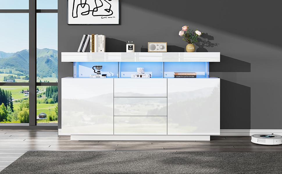 140 x 35 x 80 cm Modernes Hochglanz Acryl Sideboard mit 16-farbigem LED-Streifen, Kaffeebar, Geeignet für Esszimmer, Küche, Flur (Weiß)