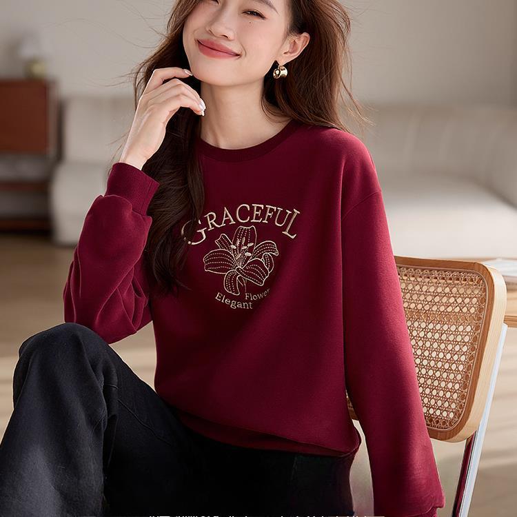 Sammetströja med broderad lilja för kvinnor, lat stil, lös, höst och vinter, ny, avslappnad, rundhalsad, tröja