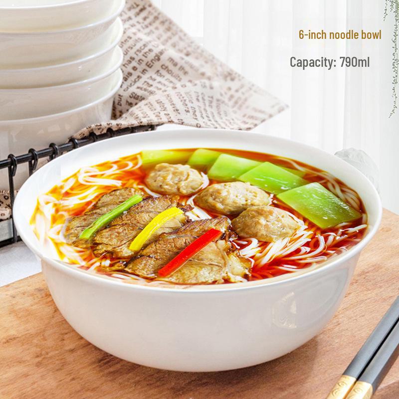 Jingdezhen White Porcelain Bowl Set - Includes Noodle and Soup Bowls with Chopsticks, Ideal for Home or Restaurant Dining