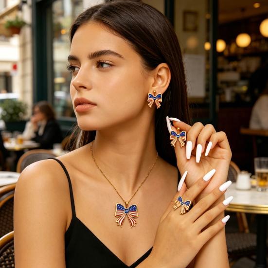Yousheng 250th Anniversary Jewelry Set, USA Flag Pattern Bowknot Stud Earrings, Adjustable Fit Choker Necklace, Independence Day Commemorative Bow