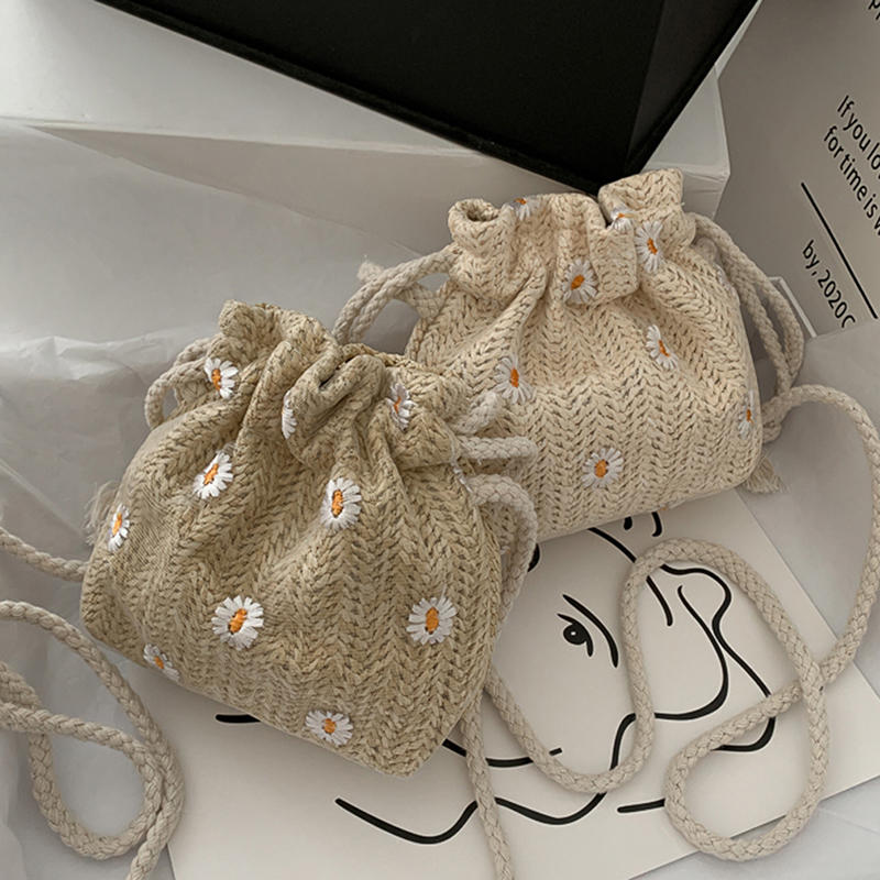 Women'S Summer Beach Shoulder Bags Straw Weave Bucket Bags Rattan Handbags Totes Casual Handbags Retro Mini Shoulder Bag