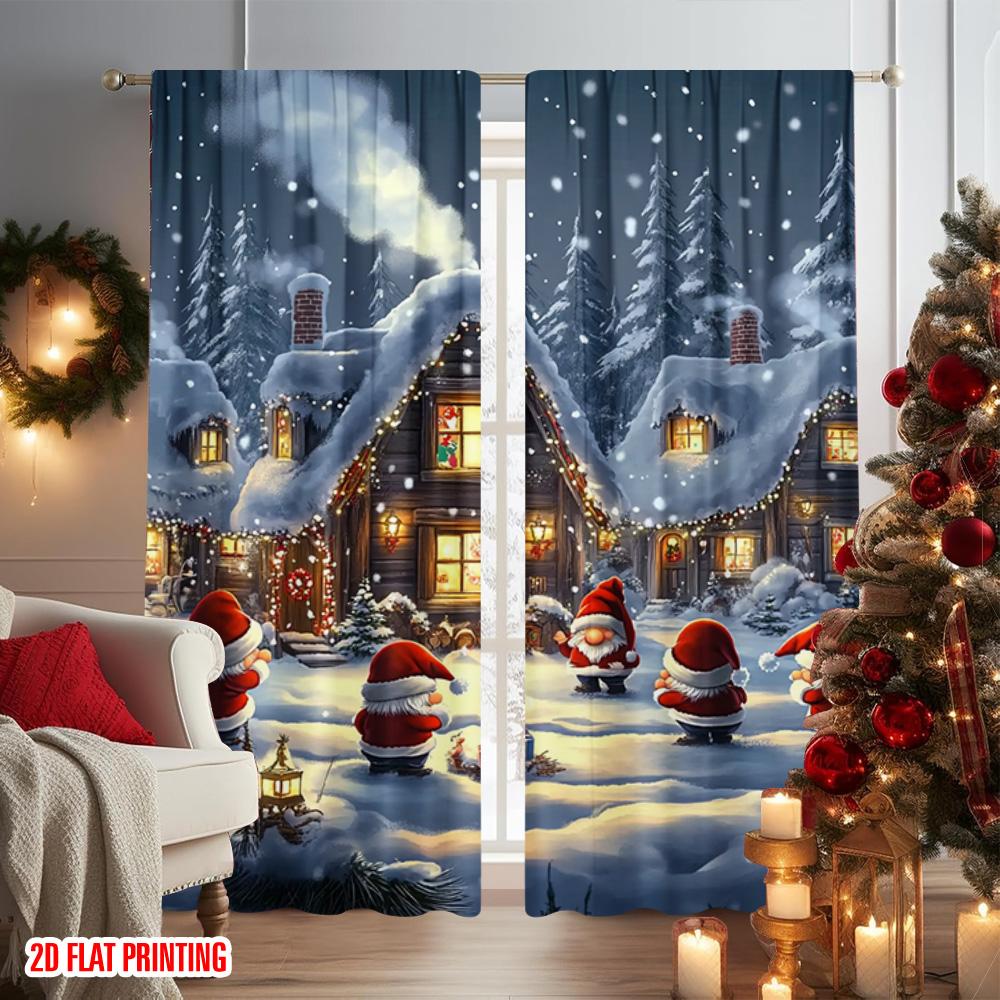 2pcs 2D flat printing Merry Christmas Popular Curtain Christmas Village 0 Durable 100% Polyester Fabric Without Electricity
